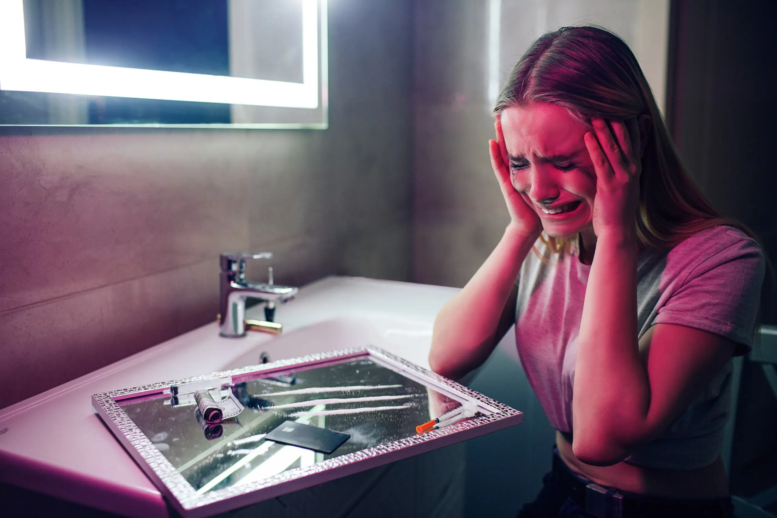 Drugs kill you. Say no to drug. Drug addict cries on drugs background. Drug addicted woman with smeared makeup sits near cocaine lines, syringe in night club's toilet. Find strength to fight