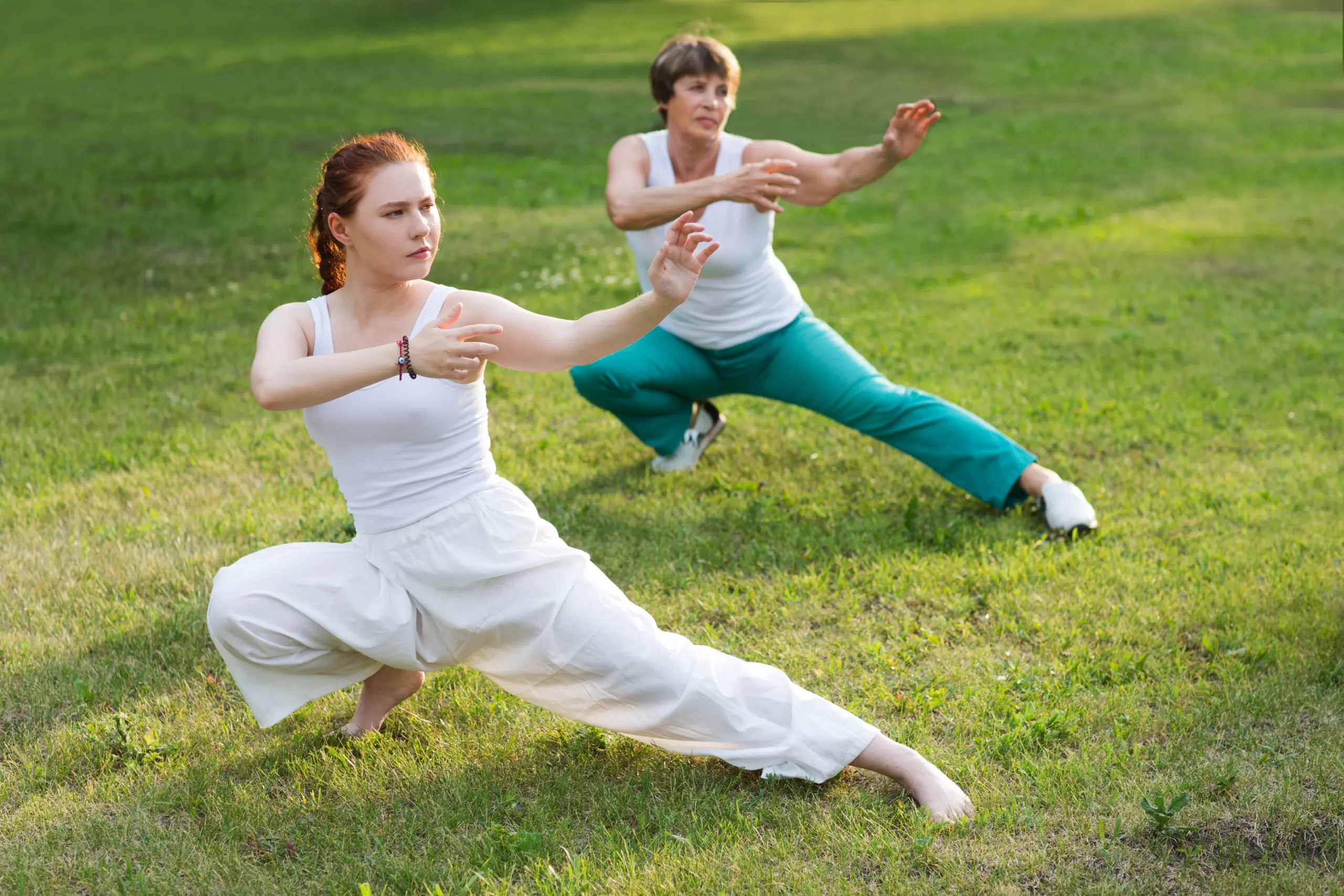 group of people practice Tai Chi Chuan in a park. Chinese management skill Qi's energy.