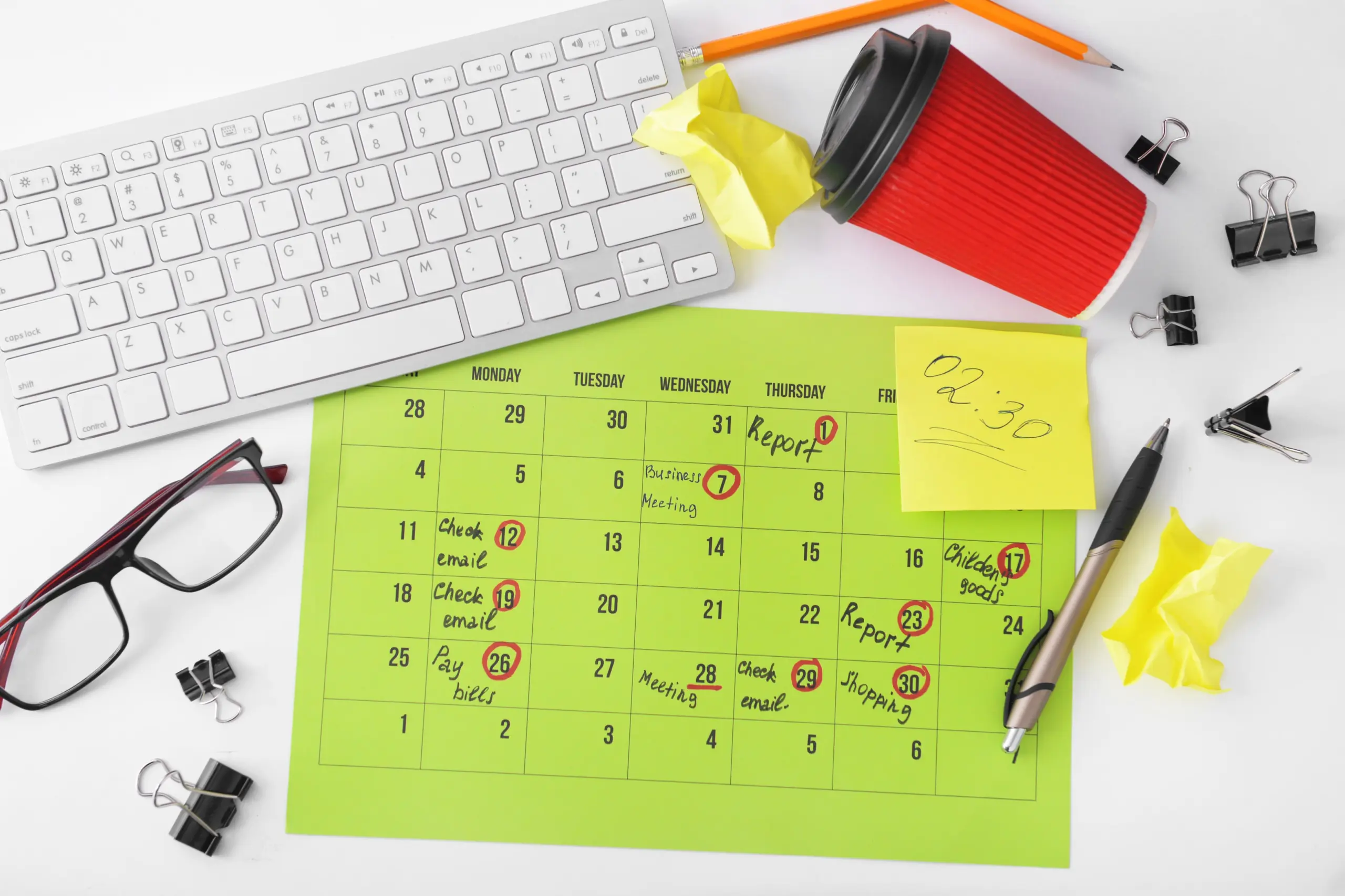 Calendar and clock symbolizing being addicted to always being busy